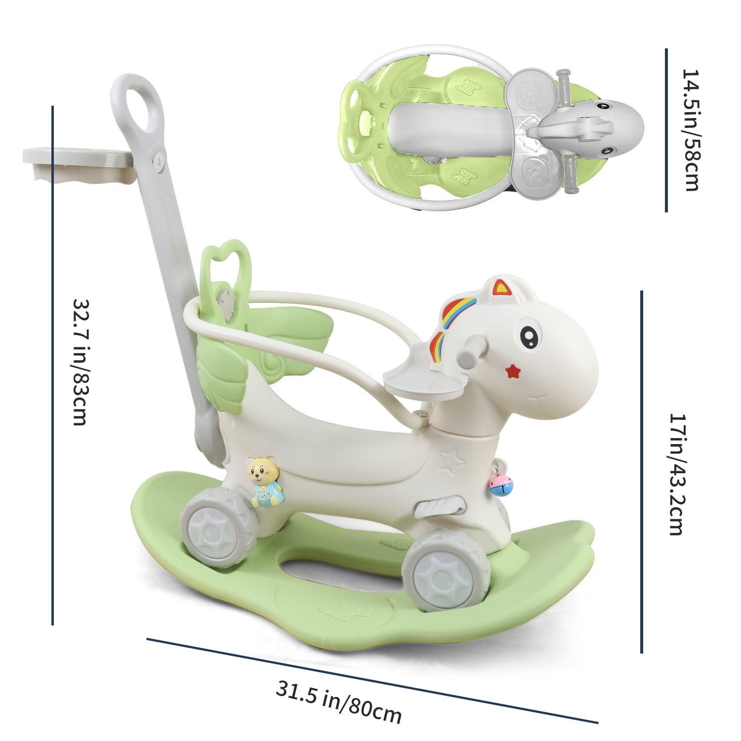 حصان هزاز 4 في 1 من Wdmiya، مناسب للأعمار من 1 إلى 3 سنوات، لعبة هزازة للأطفال الصغار، هدية عيد ميلاد للأطفال من عمر 1 إلى 3 سنوات، دراجة توازن مع مقبض دفع ومسند ظهر ولوح توازن للأطفال البنات والأولاد، لون أخضر