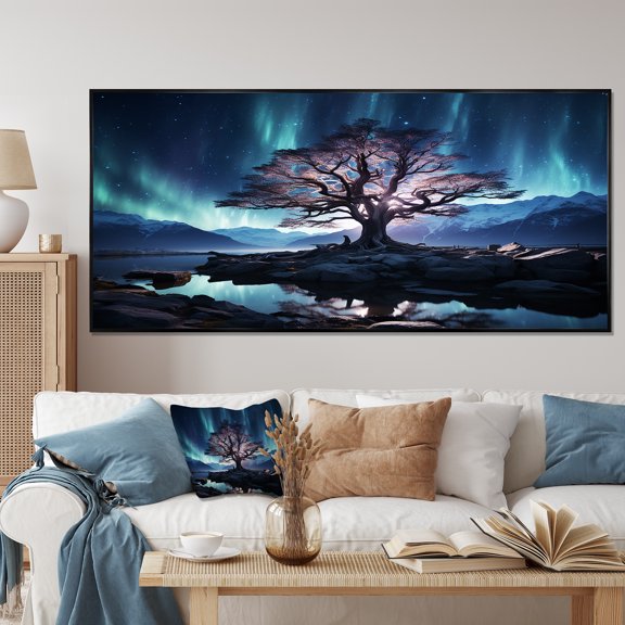 Designart "Aurora Borealis Fantasy Blue and Pink Tree II" Oversized Landscapes Framed Wall Art - Country Blue Tree Entryway Framed Wall Art