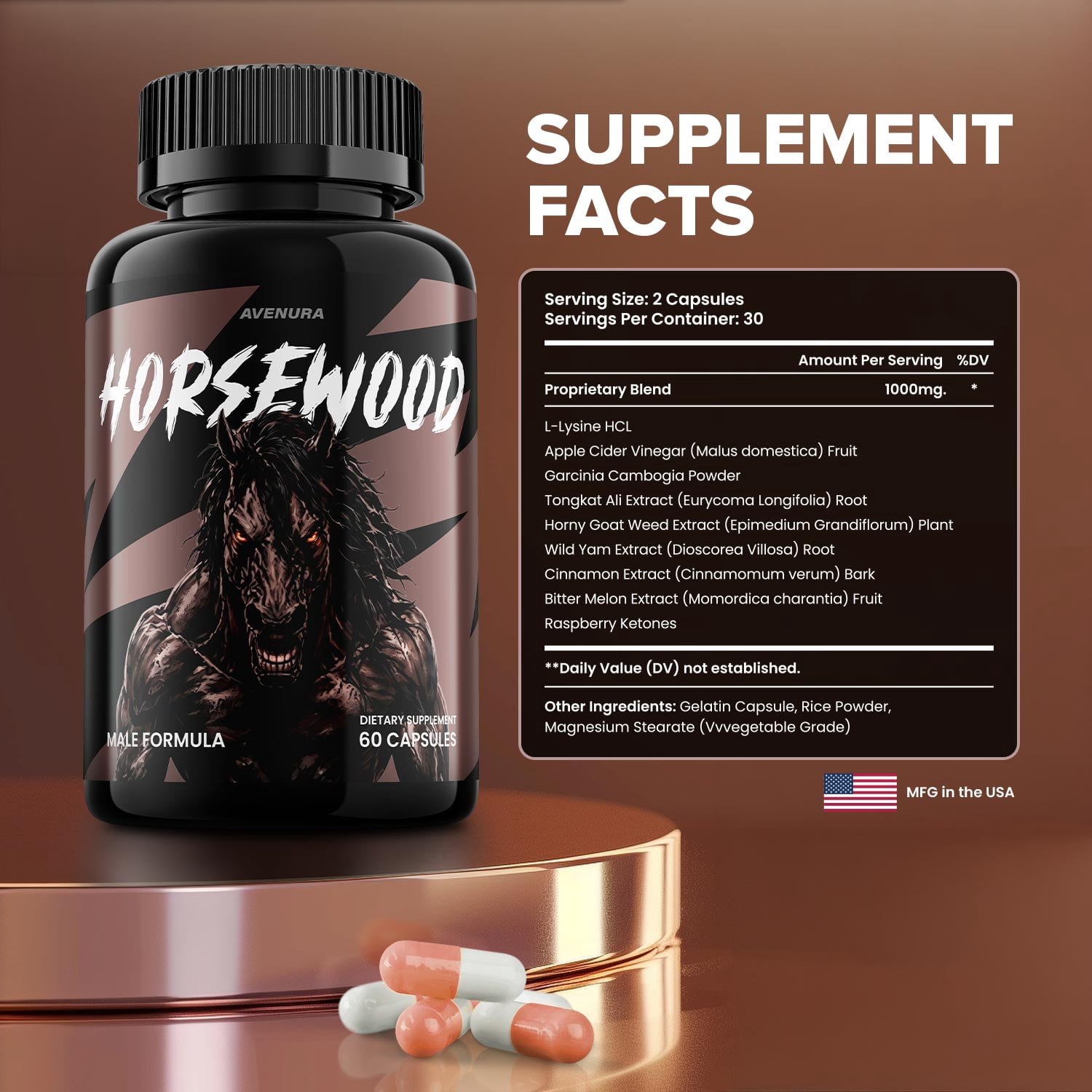 Horsewood for Men Capsules –  Advanced Formula Natural Supplement Pills for Active Lifestyle, 1 Pack, 60 Capsules
