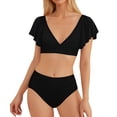 thumbnail image 2 of Wuxian Women 2 Piece Bikini Set Solid Color Swimwear Short Puff Sleeve Square Collar Crop Top Push Up Bra High Waist Ruffled Lace Up Fashionable Cozy Bathing Suit Swimsuit,Black,L, 2 of 4