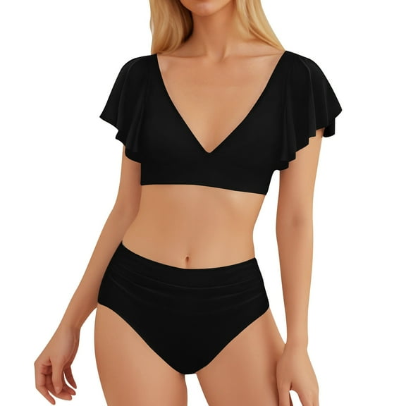Daznico Women's High Waist Peplum Bikini - Stylish Solid Color Swimsuit for Beach & Pool,Size S
