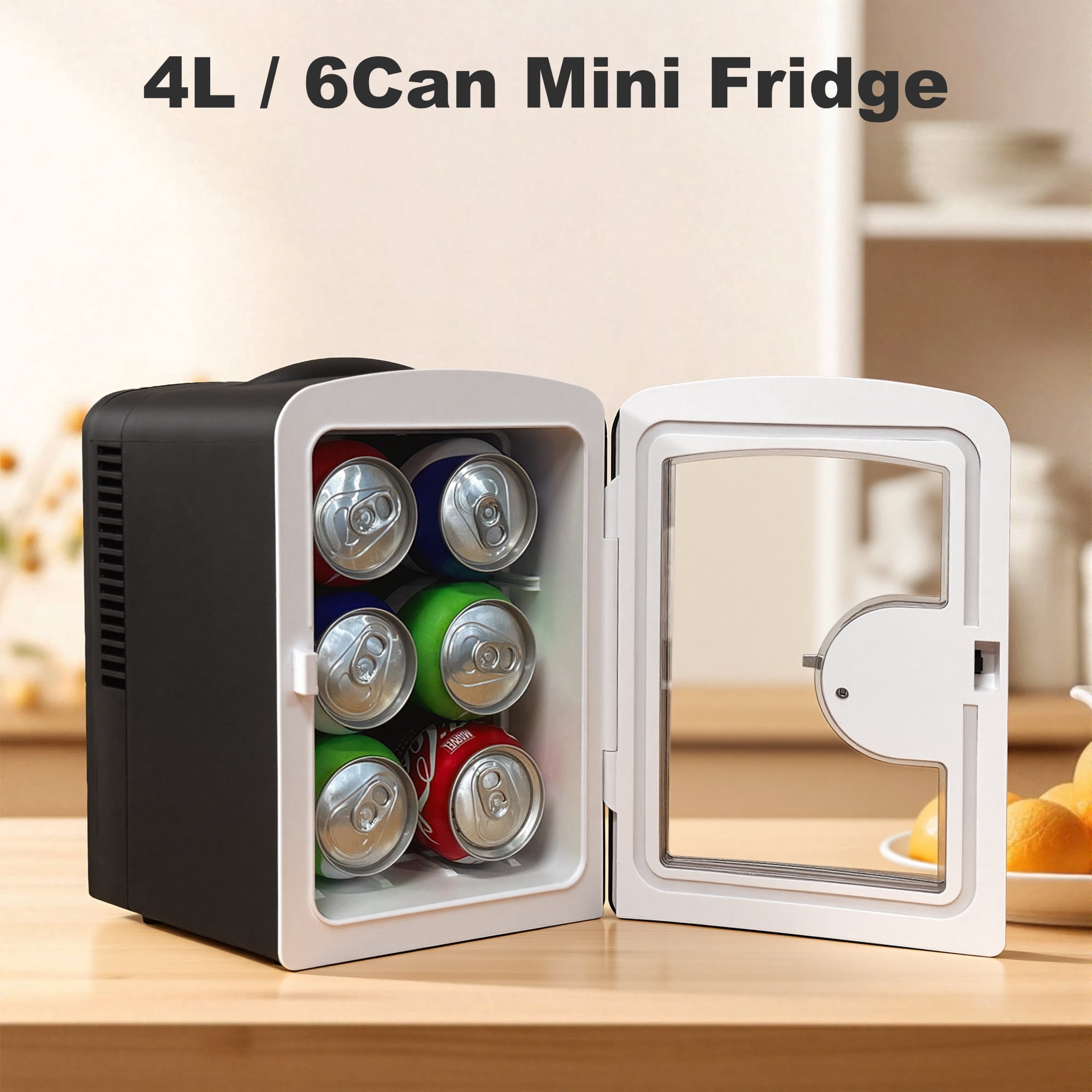 iceBlue 4L Mini Fridge for Cosmetics and Drinks, Car/Home Use (Black), Skincare Refrigerator, Transparent Window and Retro Chrome Handle