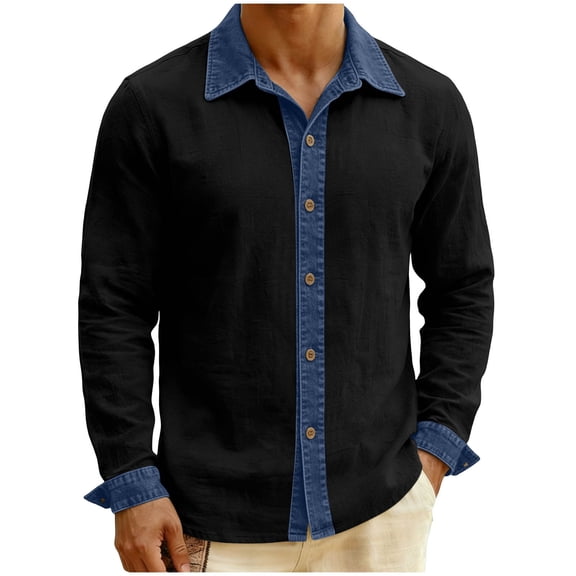 Men's Cotton Linen Button Down Shirt Denim Patchwork Long Sleeve Casual Collared Wrinkle Free Untucked Shirts with Pocket