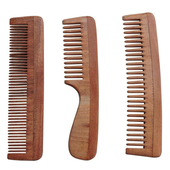 Ensemble de 3 Peignes en Bois de Neem Pur - Dents Larges, Fines et Larges avec Poignée pour la Santé des Cheveux et du Cuir Chevelu, Paquet Ultra Économique