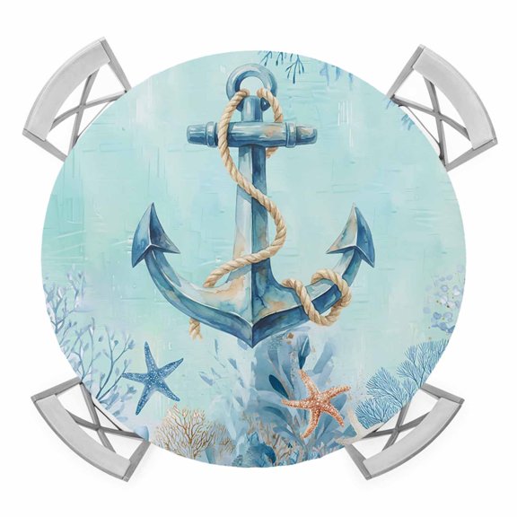 Elastic Fitted Round Tablecloth, Coastal Anchor Blue Waterproof Stretch Table Cover for 45"-54" Tables, Summer Beach Nautical Coral Starfish Washable Outdoor Tablecloths for Patio, Picnic, Camping