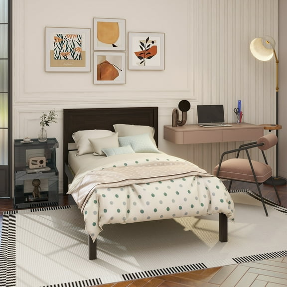 Platform Bed Frame with Headboard, Wood Slat Support, No Box Spring Needed,Twin, Espresso