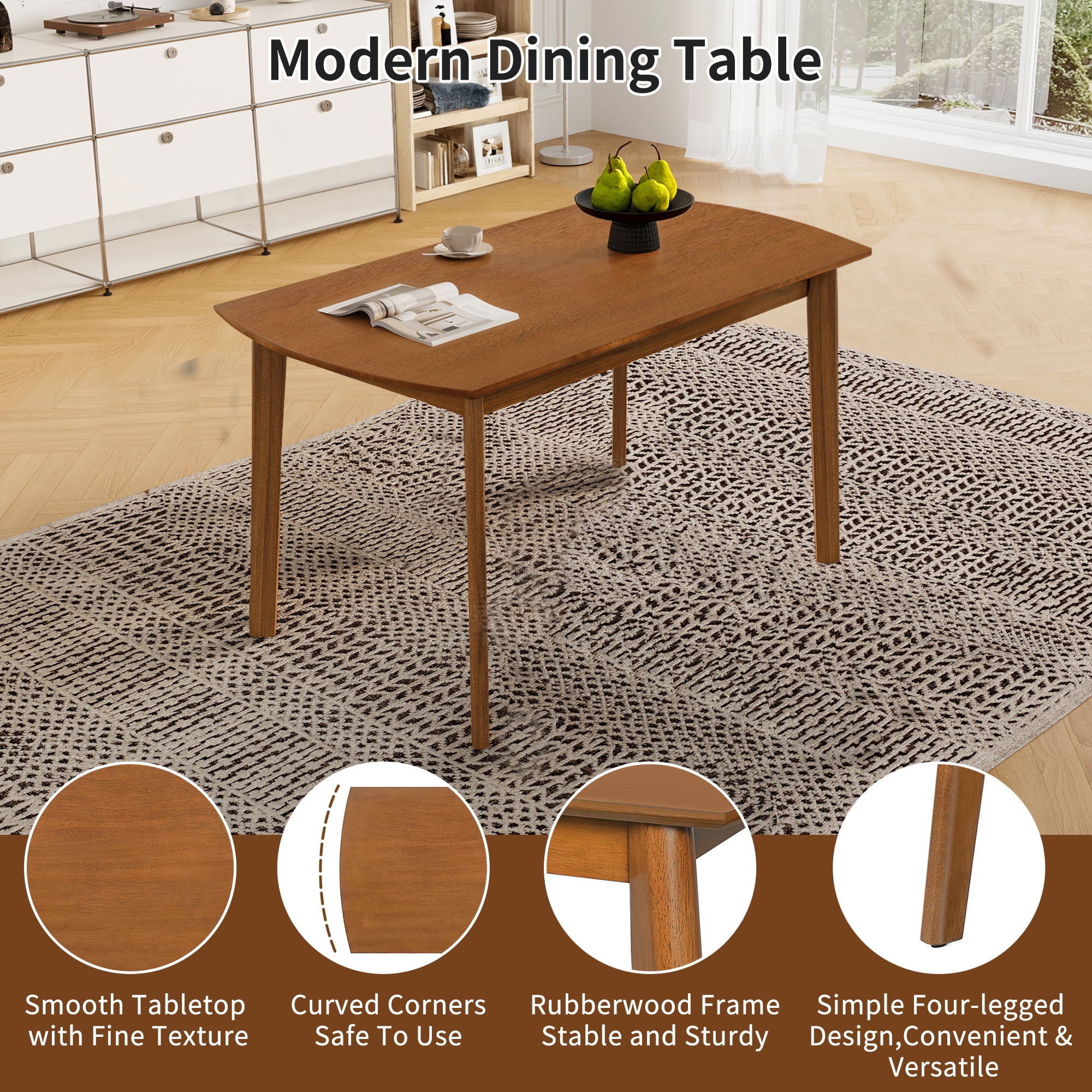 Modern Dining Table, Solid Wood Kitchen & Dining Room Table for 4, Minimalist Table for Dining Room, Rectangular Dinette Table
