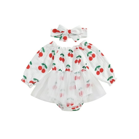 

Mioliknya Baby Girl Fall Romper Floral/Cherry Long Sleeve Jumpsuit Headband