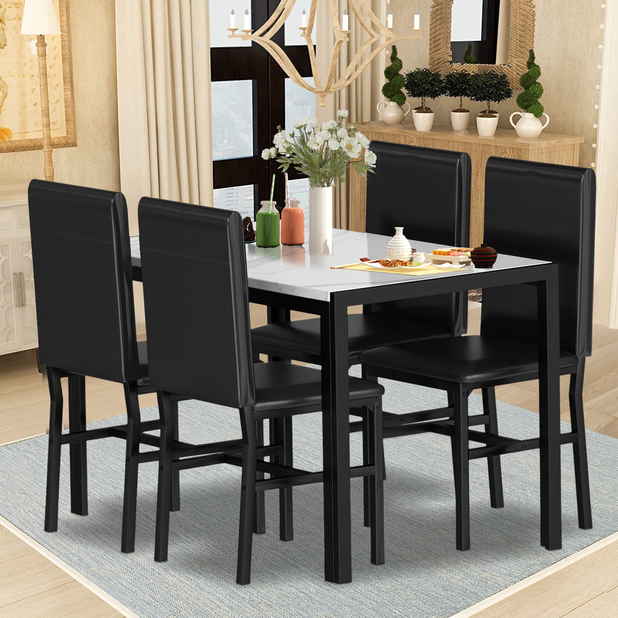 5 Pieces Modern Kitchen Dining Table Set, Faux Marble Rectangular