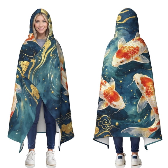 Vintage Koi Fish Wearable Blanket Hoodies for Women Men Adults Fish Lovers Cozy Plush Funny Koi Fish Hooded Blankets for Home Bedding Decor Birthday Gifts 60X80 Inch