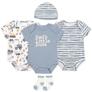Baby Essentials Baby Boy 5 Piece Bodysuit Set, Cotton Blend Rompers with Matching Hat and Socks, Baby Outfit Gift, (6 months,Dads Little Dude Blue Multi)