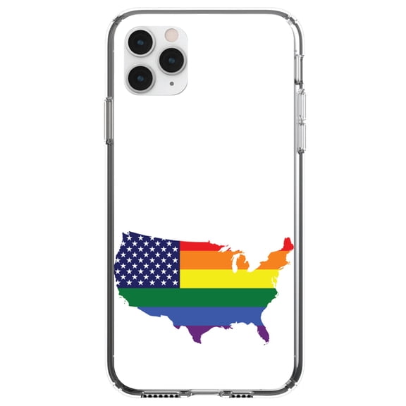 DistinctInk Clear Shockproof Hybrid Case for iPhone 11 (6.1" Screen) - TPU Bumper, Acrylic Back, Tempered Glass Screen Protector - US Map Gay Pride Flag - Show Your LGBTQ Support