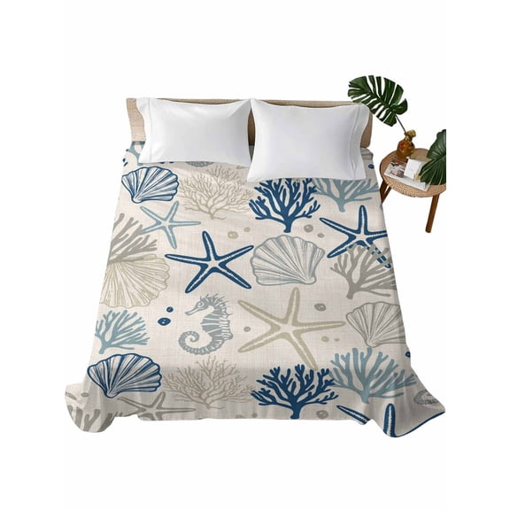 Blue Beige Coastal Flat Sheet Only Twin Size, Soft Breathable Bed Top Sheets for Mattress, Summer Beach Starfish Coral Nautical Rustic Luxury Bedding Flat Sheets for Home Hotel Bedroom Bed Protection