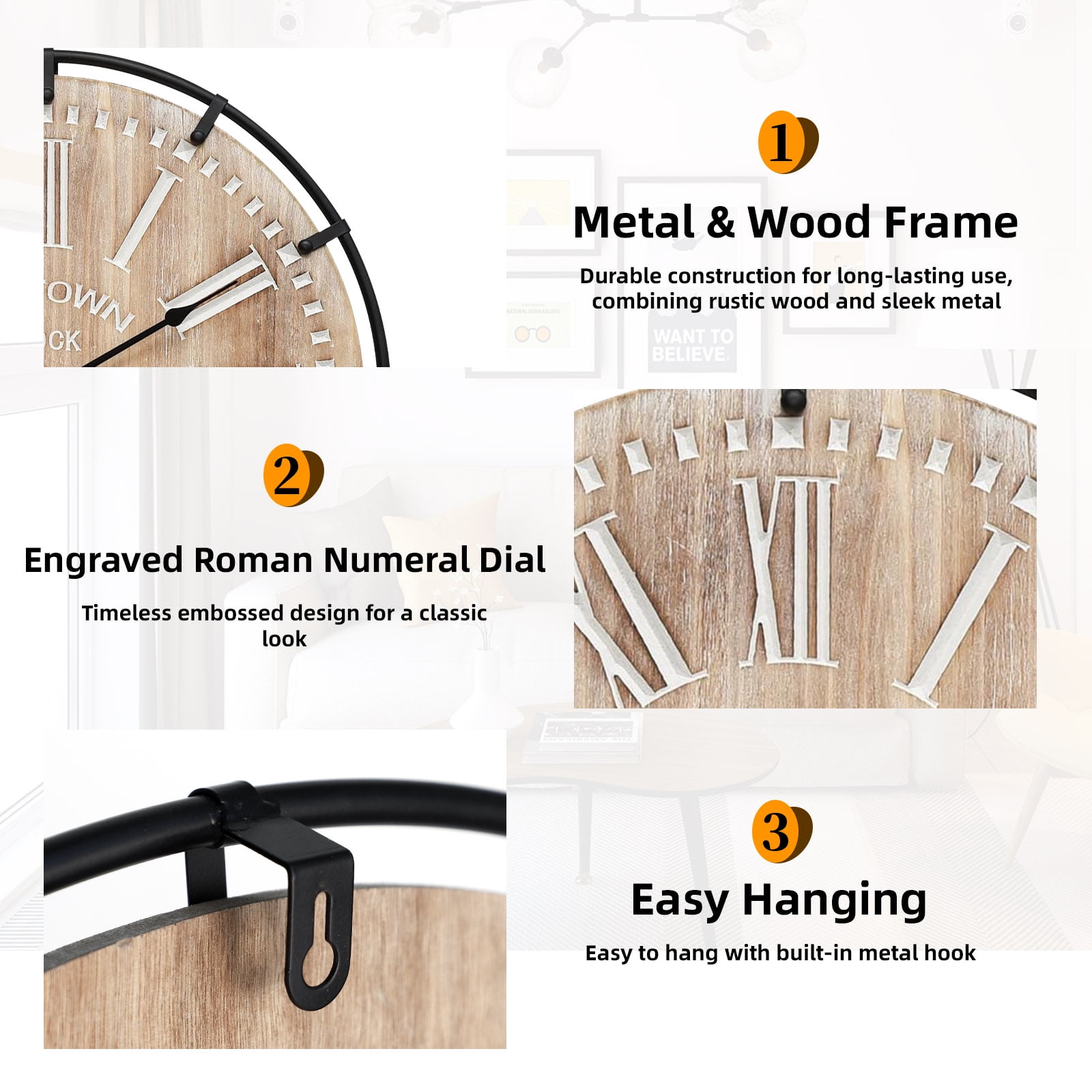 MODE HOME 24 inch Farmhouse Rustic Wall Clock, Silent Battery Operated with Metal Circle and Engraved Numerals
