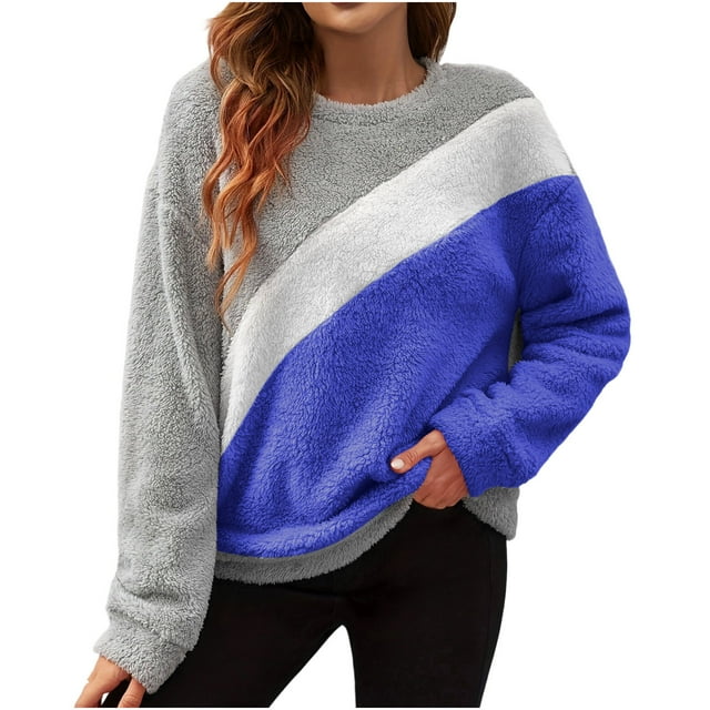 WRKEKC Chandails en Molleton pour Femmes Col Rond Manches Longues Couleur Unie Double-Polaire Chandail en Molleton Femmes Cozy Chandail pour Jours Frais