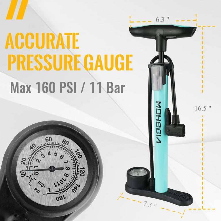 MOHEGIA Bike Floor Pump with Gauge,Air Bicycle Pump Inflator with High  Pressure 160 PSI,Fits Schrader and Presta Valve