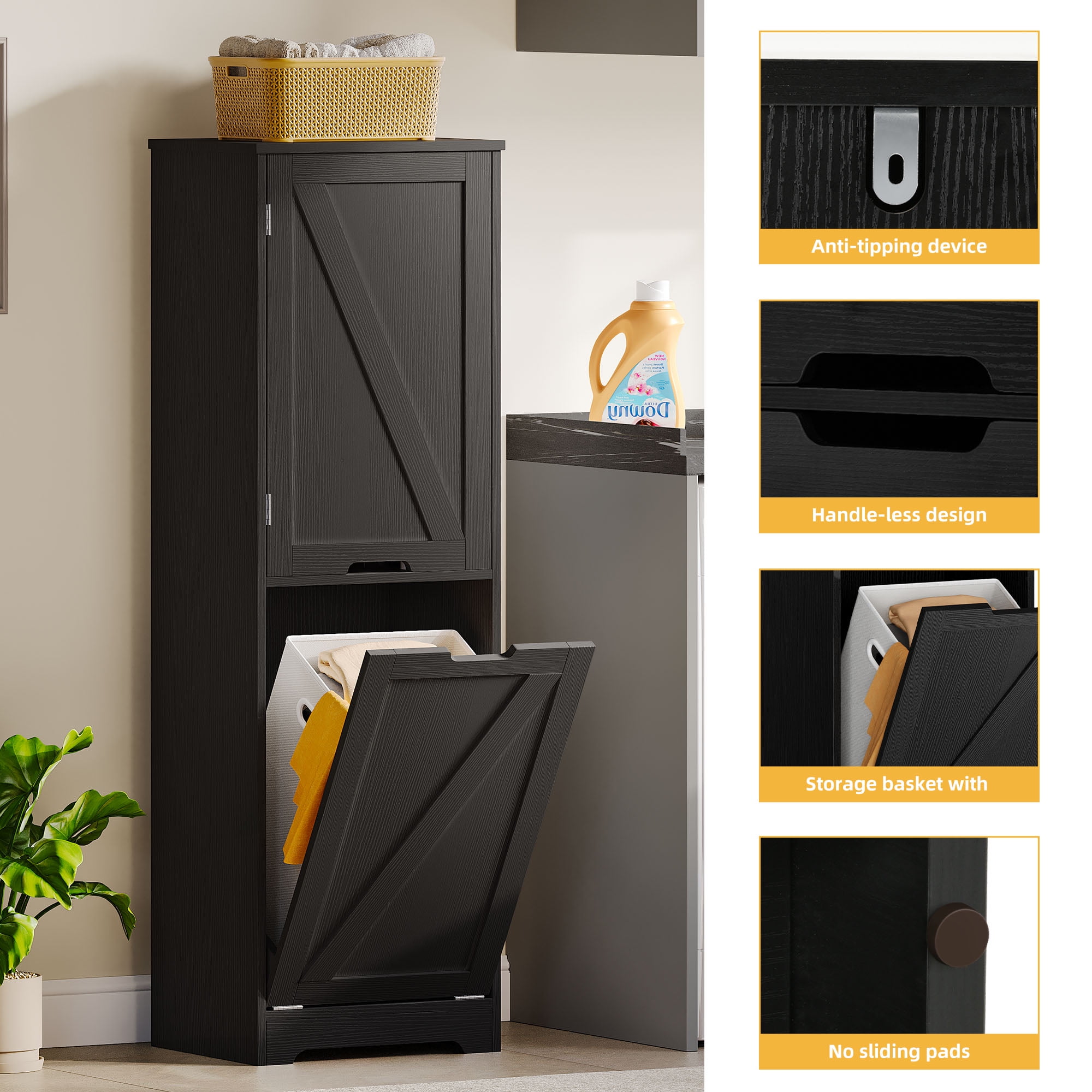 DWVO Laundry Hamper with Adjustable Shelf, 53" Laundry Hamper Cabinet with Storage Basket, Black
