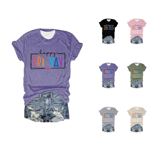 T-shirts pour Femmes « Happy Friday Teacher » 2026 Été Tendance Manches Courtes Col Rond T-Shirts Graphiques Amusants « Friday Weekend »