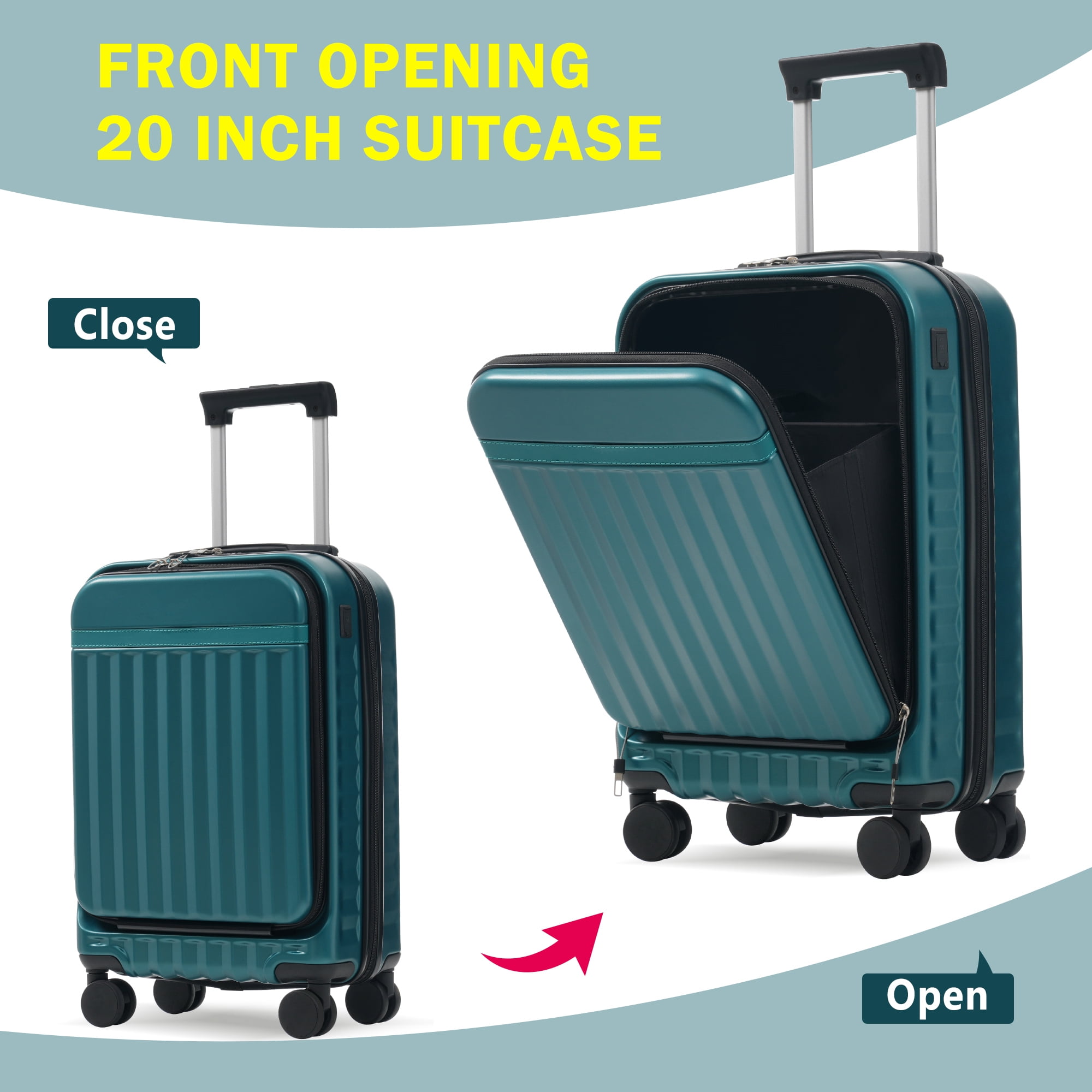 Euroco Luggage Sets 3 Piece,Front Opening Hardside Carry on Luggage with USB Port,Expandable Checked Suitcase with Bags,Spinner Wheels & TSA Lock for Travel,20"+24",Dark Green