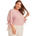 thumbnail image 4 of Romwe Women's Plus Size 3/4 Sleeve Pearl Beaded Tie Knot Cuff Solid Blouse Tops Shirt 3X-Large Plus Pink, Pastel, 4 of 6