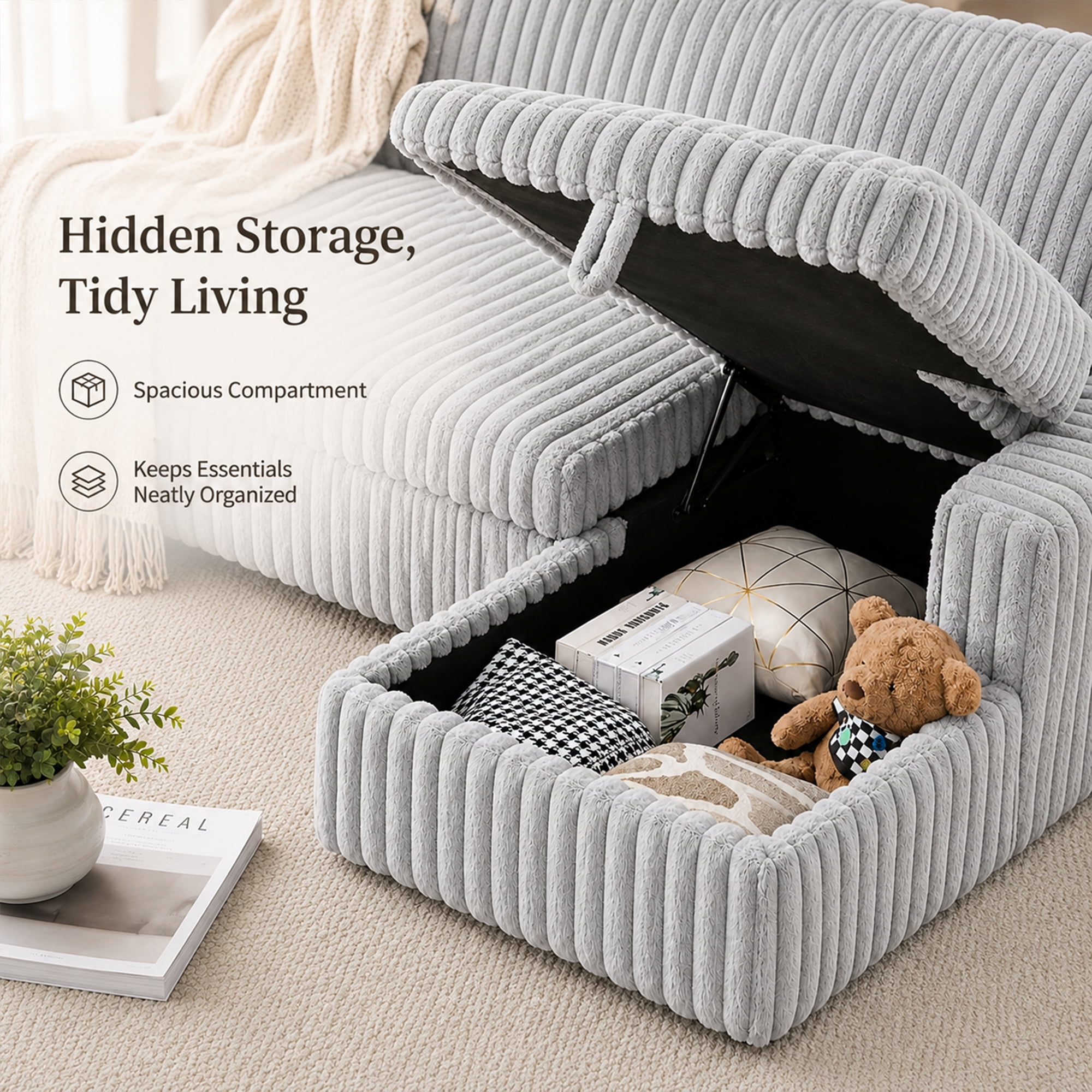 Oversized 122" U-Shaped Sectional Sleeper Sofa Bed with Pull-Out Bed,Storage Chaise,Type-C USB,Fuzzy Plush,7-Seat,Gray