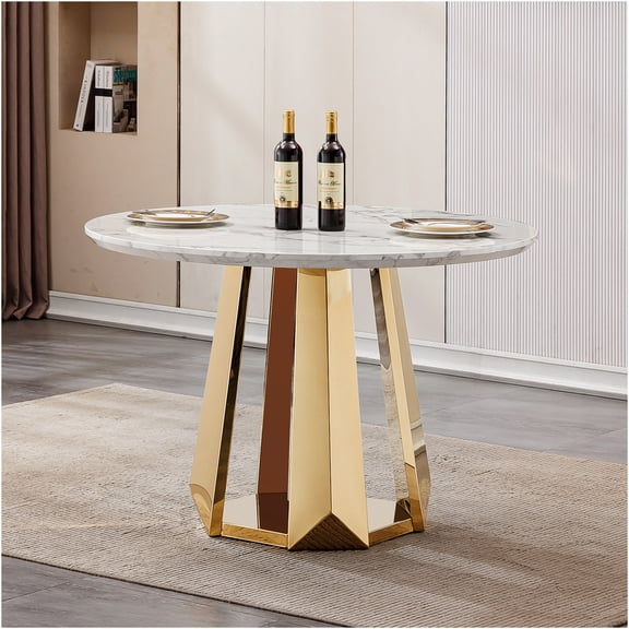 JERFIT 47 Inch Gold and White Round Dining Table with Faux Marble Top and Stainless Steel Base, Modern Kitchen Table for Dining Room