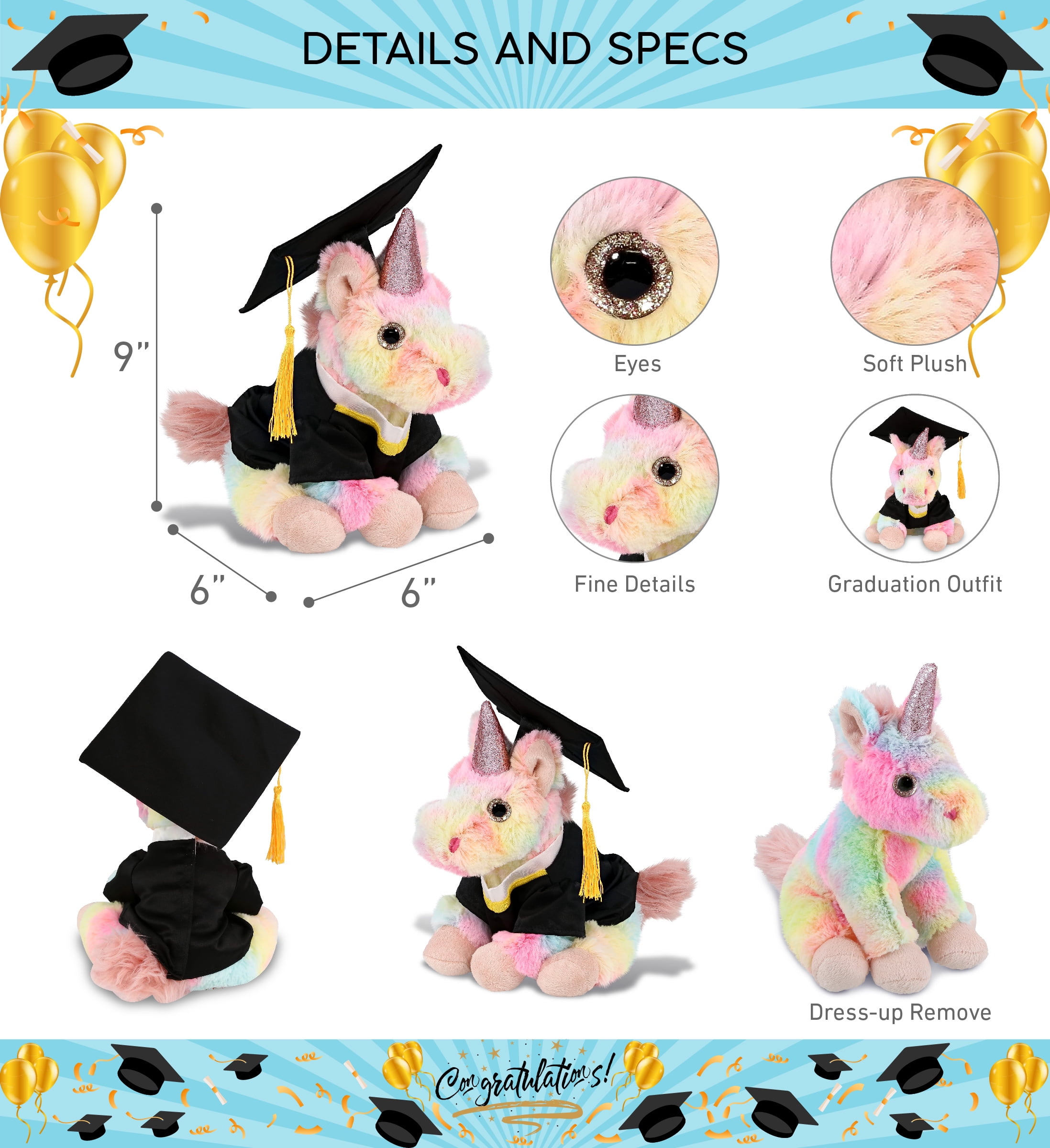 DolliBu Super Soft Rainbow Unicorn Graduation Plush Toy – Cute Plush Graduation Unicorn Stuffed Animal Dress Up in Black Graduation Cap with Tassel – Congratulatory Graduation Gift – 9 Inches