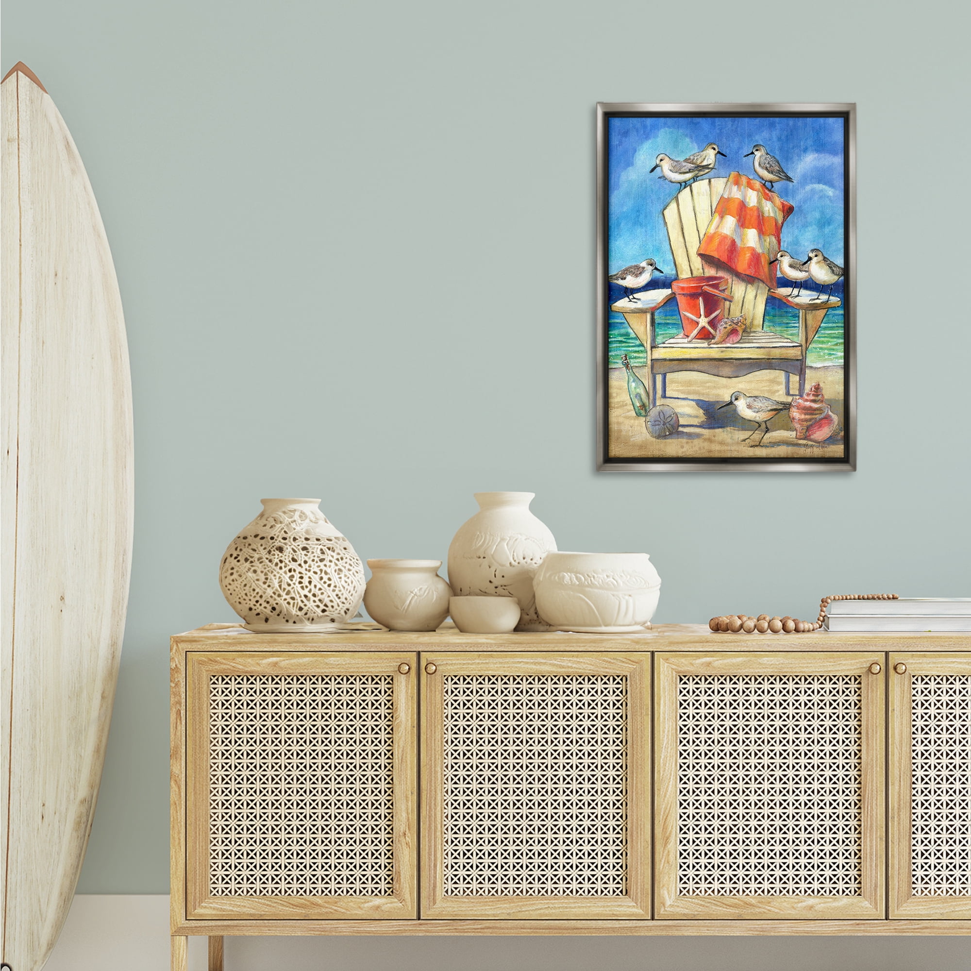 Stupell Industries Summer Beach Chair Seagulls Nautical & Beach Painting Gray Floater Framed Canvas Art Print Wall Art, 21 x 31