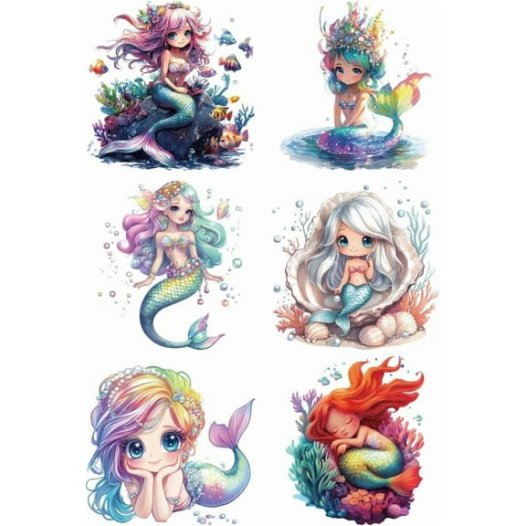 6 Pcs Mermaid Theme Plastic Heat Transfer Film Logo Stickers Set 6 Styles Mermaid Coral Shell Pearl Fish Heat Transfer Stickers Iron on Decals for T-Shirts Patches Bags Hats DIY Crafts