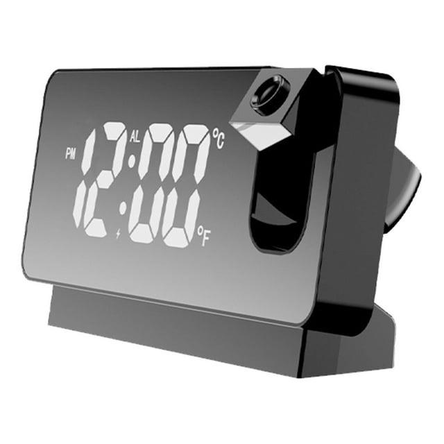 Reloj despertador con proyección de 360 grados, ajuste flexible, espejo LED creativo, reloj digital con pantalla de temperatura, apagado automático y memoria, color negro