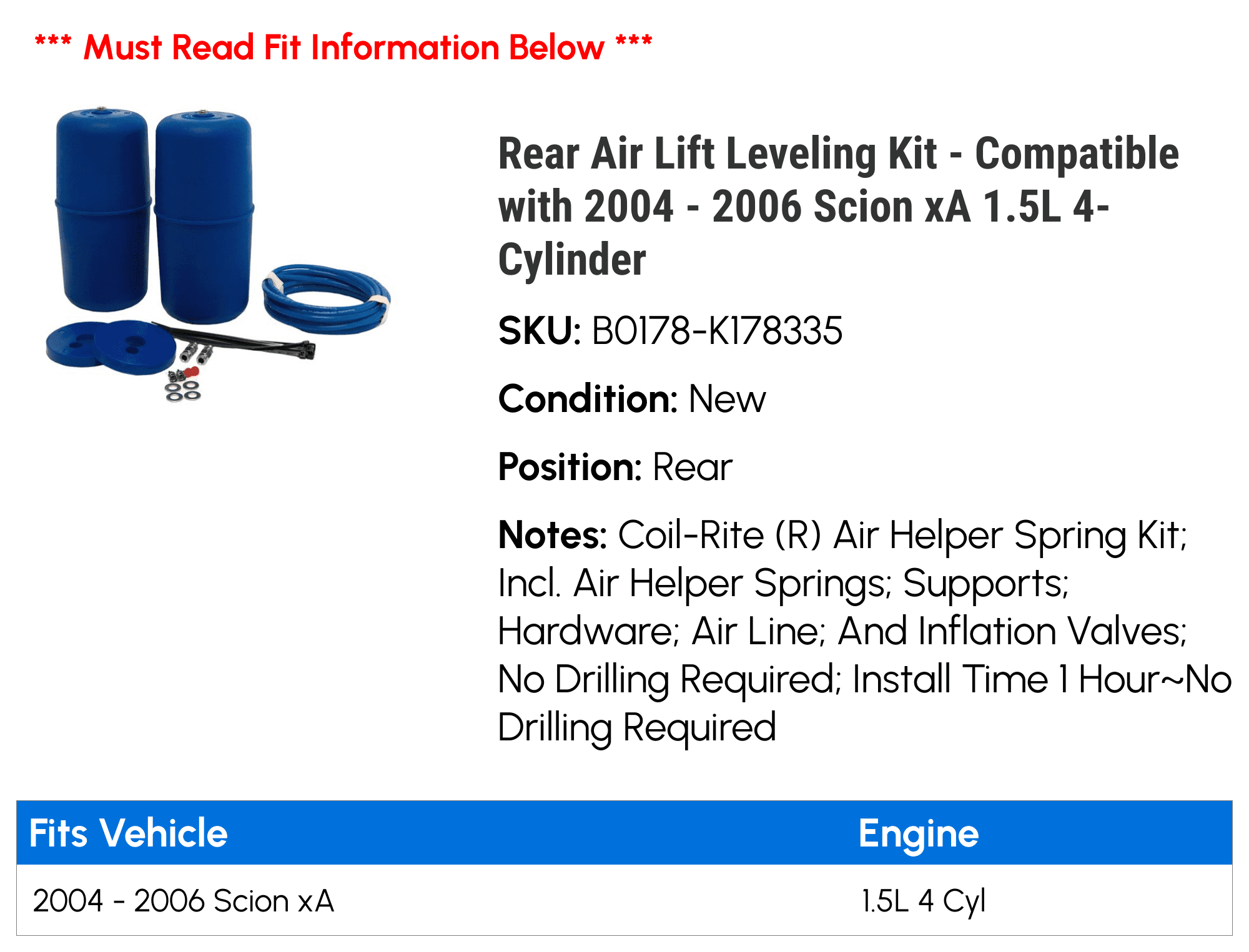 Rear Air Lift Leveling Kit - Compatible with 2004 - 2006 Scion xA 1.5L 4-Cylinder 2005