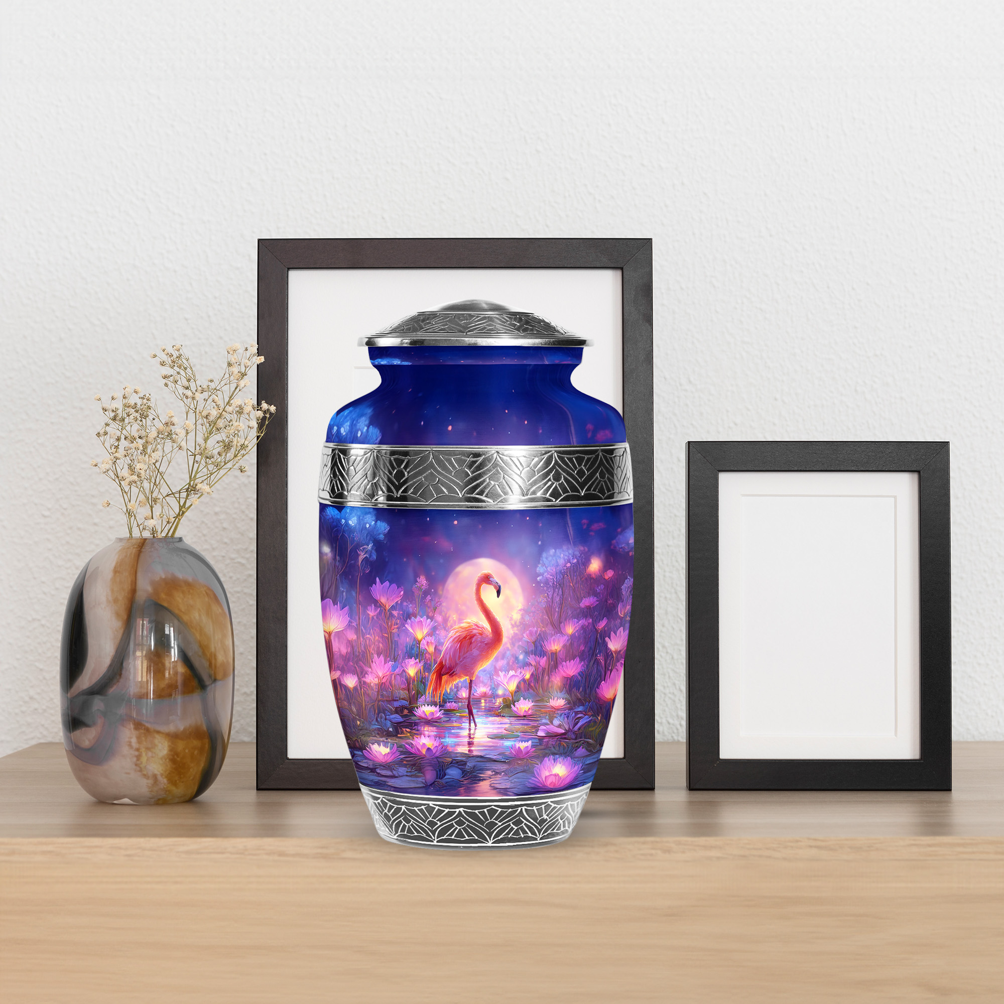 MUKTIVE Flamingo Cremation Urns for Human Ashes Men and Women 10 Inch, Moon Burial Urns for Adult Human Ashes, Large Blue Urn, Funeral Urn for Adult Male