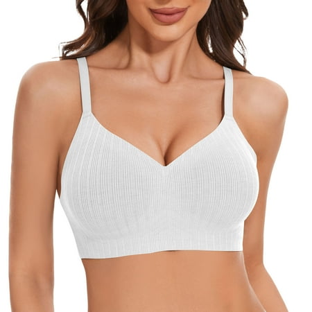Wireless Push Up Bras for Women Comfortable Support Seamless Bra Ribbed V-Neck Bra Padded Bralette
