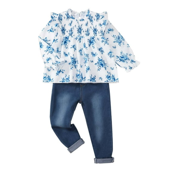 KIMI BEAR 3T Toddler Girls Outfit Set 4T Girl Kids Winter Clothes Ruffle Long Sleeves Floral Top Denim Pants Sets 2pcs Sweet Clothing Blue 3-4 Years