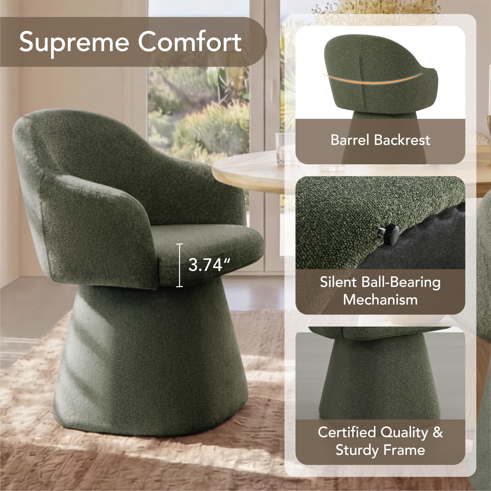 Spruce & Spring 360° Swivel Dining Chair, Spill-Proof & Stain Resistant Barrel Armchair with Rotating Base, Modern Upholstered Seat and Removable Back Support Pillow for Kitchen Living Room, Green