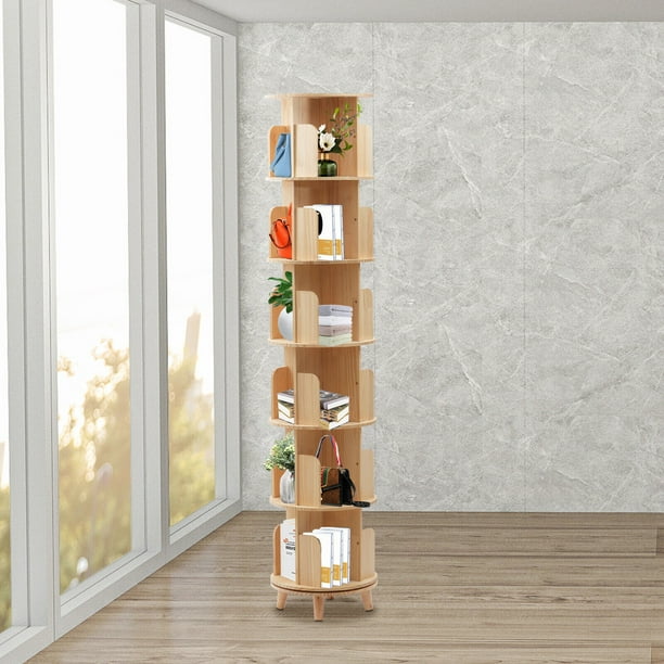 Solid Wood Rotating Bookshelf Floor Standing Bookcase 6Tier Display