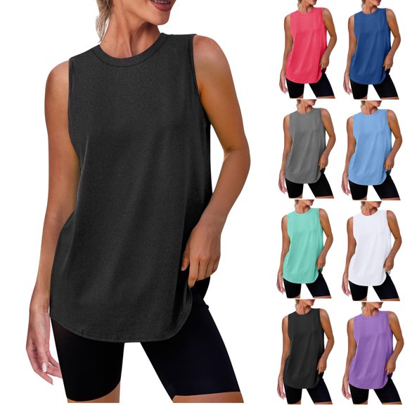 Vivianyo HD Women's Sleeveless Side Slit Tank Top, Curved Hem Casual Tunic for Women, Women's Black, Sizes S-2XL