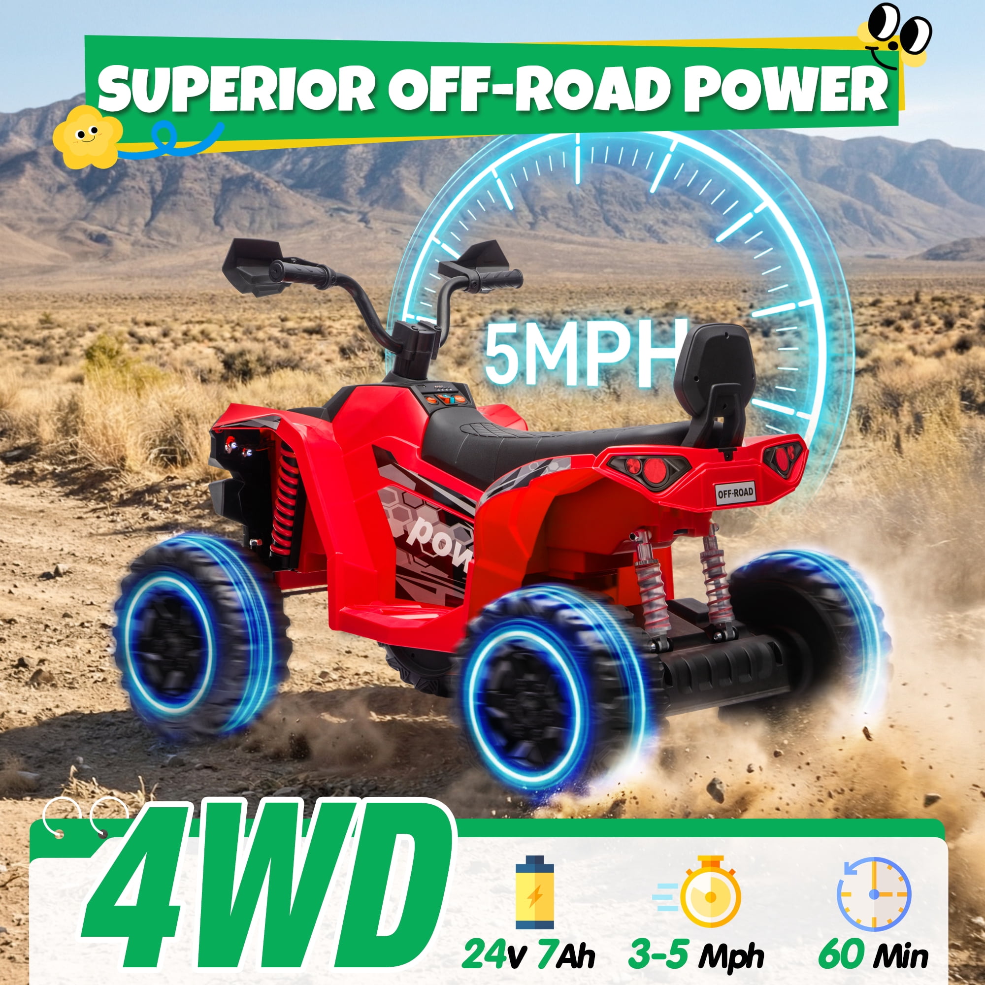 24V Kids Ride On ATV for Ages 3-8, 4WD Electric Quad with 4 Motors, Bluetooth Music, LED Lights, Spring Suspension, 3-5 km/h, 110 lbs Capacity, Battery Powered Toy for Boys Girls, Red