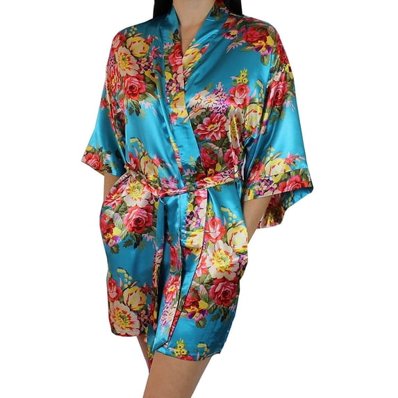 Women's Floral Satin Kimono Short Bridesmaid Robe With Pockets - Silky Touch