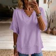 thumbnail image 6 of Women's Bohemian Raw Edge Cotton Linen Blend Short Sleeve Tunic Top Loose Fit Casual Blouse Summer Vacation Outfit Lightweight Everyday Wear Light Violet L, 6 of 9