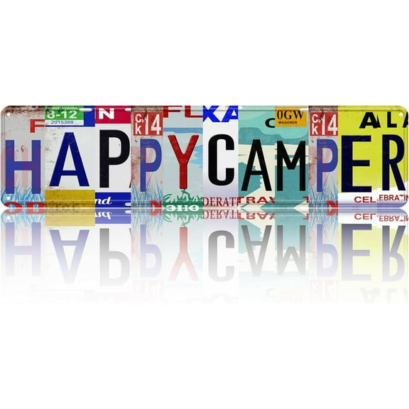 Vintage Road Tin Sign Retro Metal Happy Camper Street Signs for Cool Stuff Stylish Wall Art Decorfor Home Bathroom Kitchen Fence 16x4 in