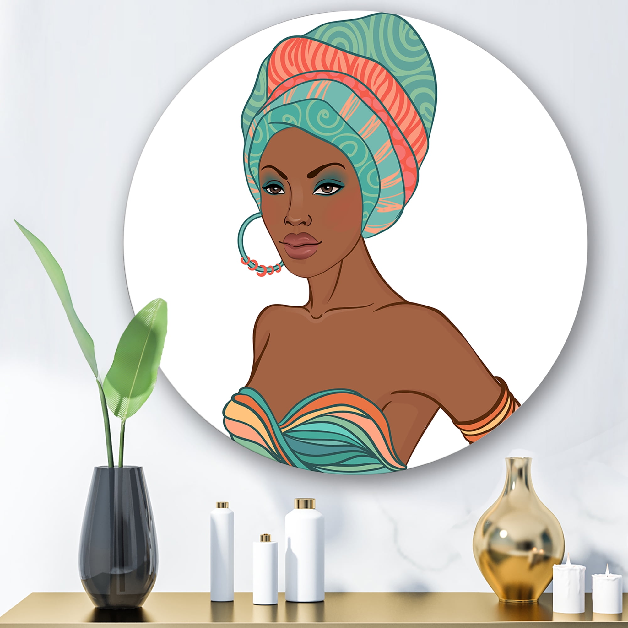 Designart 'African American Woman With Turban and Earring' Modern Circle Metal Wall Art 23x23 - Disc of 23