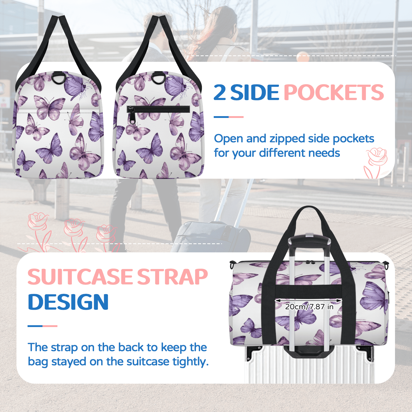 Herdesigns Butterfly Travel Duffle Bag Sports Yoga Weekender Overnight Carry on Workout Bags Lightweight Waterproof Gym Tote Bag for Women