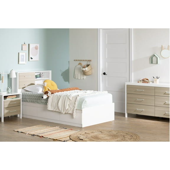 South Shore Munich Scandinavian 2-Drawer Nightstand with Storage, White & Soft Elm
