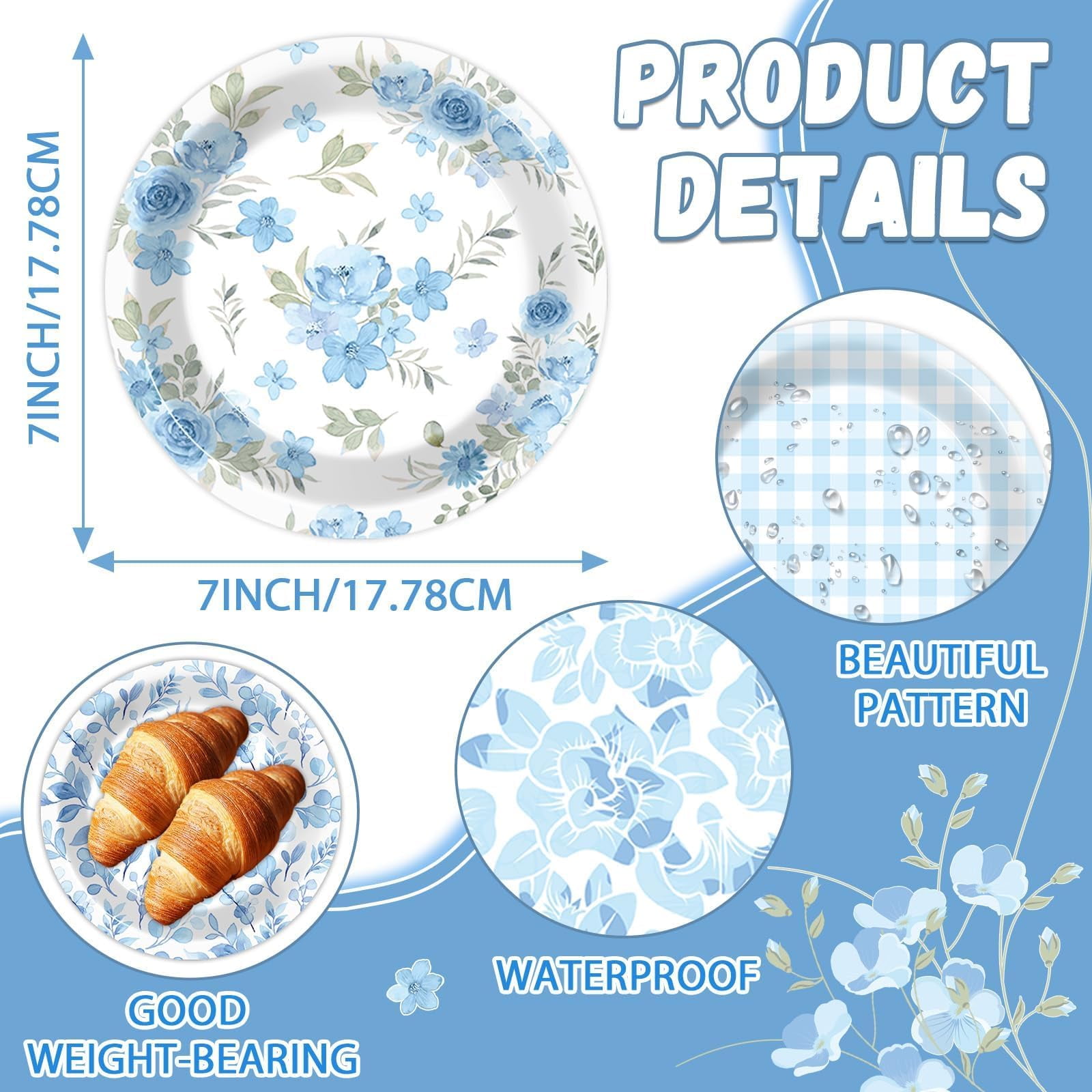 Justforjoyful 48pcs Spring Blue Floral Paper AFN1Plates Tea Party Decorations Disposable Vintage Flower Party Dinnerware Tableware Set 7 Inch