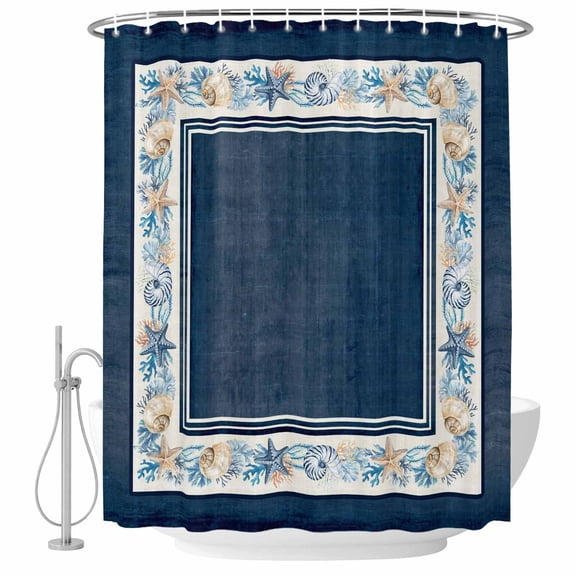 72x78 Inch Shower Curtain Navy Blue Coastal Bathroom Decor, Waterproof Fabric Bathtub Bath Curtains Decorative Vintage Summer Beach Coral Shell Starfish Extra Long Shower Curtain Set with Hooks