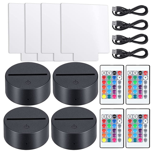 3D Night LED Light Lamp Base with 4 Clear Acrylic Sheets 4 Remote Controls Adjustable 16 Colors for Child Room Bar,4 x lamp base 4 x Acrylic sheet 4 x remote control 4 x USB cable,black