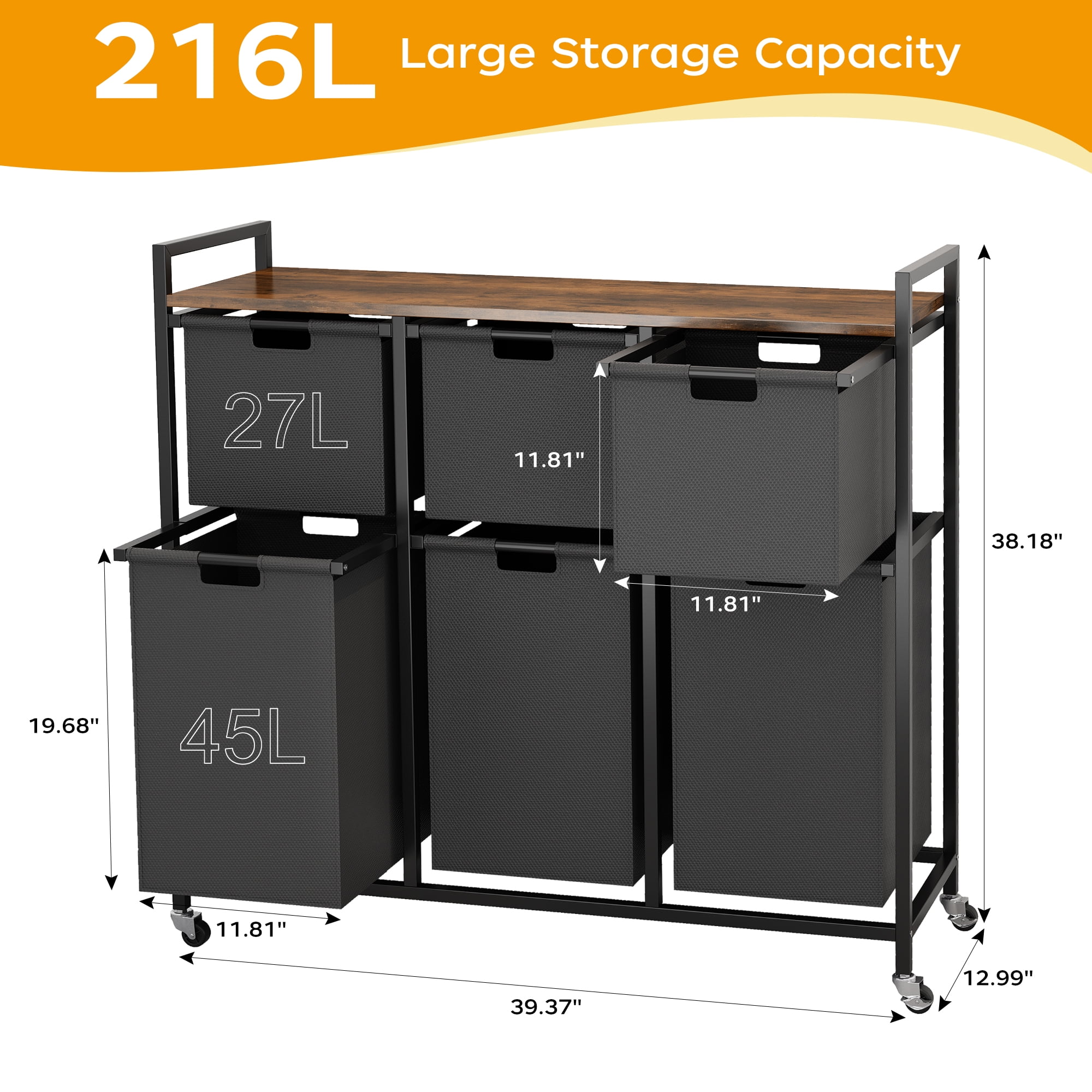 Laundry Basket with Wheels, Rolling Laundry Hamper Organizer with Large Desktop, Laundry Sorter with 6 Pull-Out and Removable Laundry Bags, Metal Frame, Rustic Brown and Black