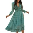 thumbnail image 1 of Innerwin Robes Évasées à Imprimé Floral Tunique Femme Robe d'Été Rue Double Couche Midi Fluide Verte G, 1 of 2