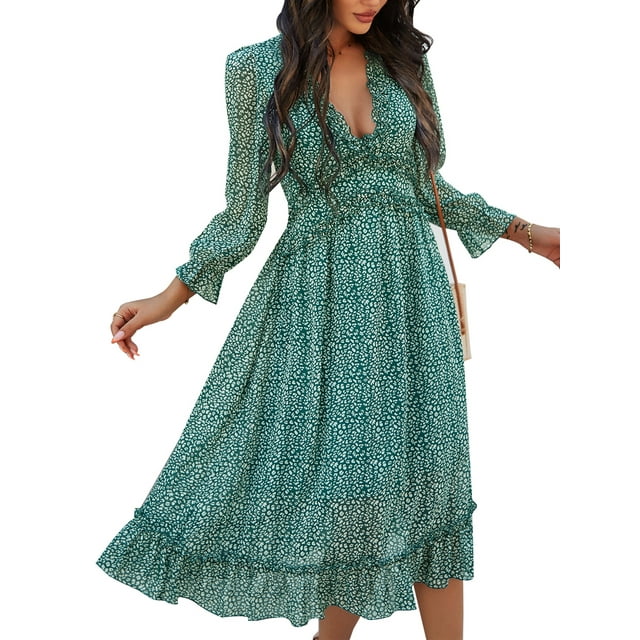 Innerwin Robes Évasées à Imprimé Floral Tunique Femme Robe d'Été Rue Double Couche Midi Fluide Verte G
